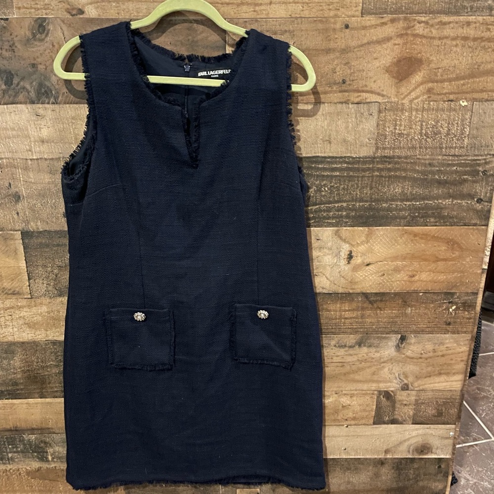 Karl Lagerfeld Navy Sleeveless Tweed Shift Dress